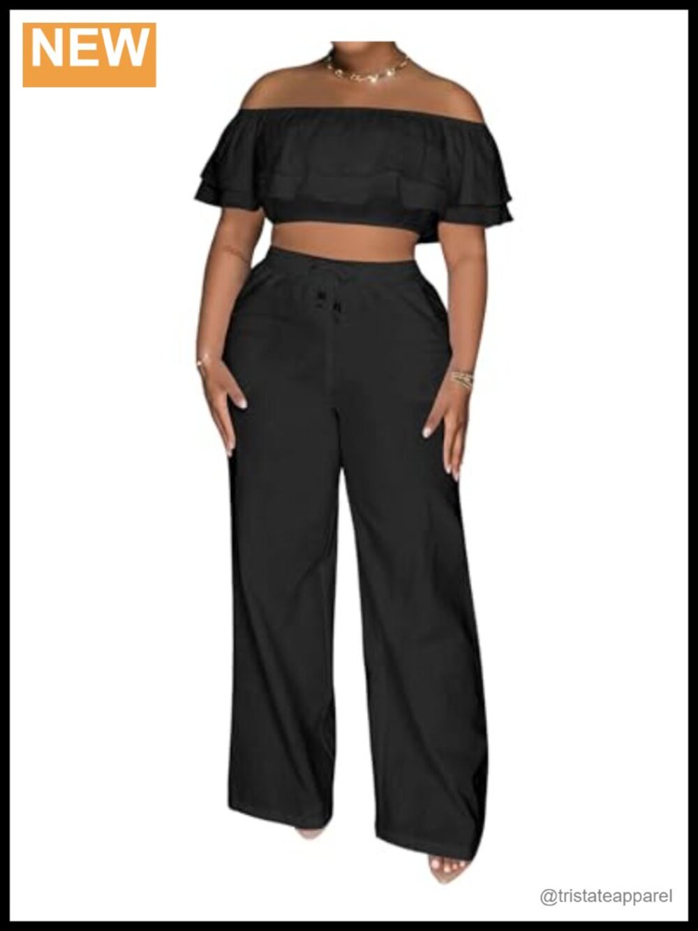 2 Piece Ruffle Trim Crop Top Wide Leg Palazzo Pants Set Women Summer